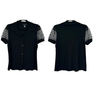 ADELE & MAY Women’s Blake Faux Button-Up Blouse Sheer Polka Dot Cap Sleeve‎ L